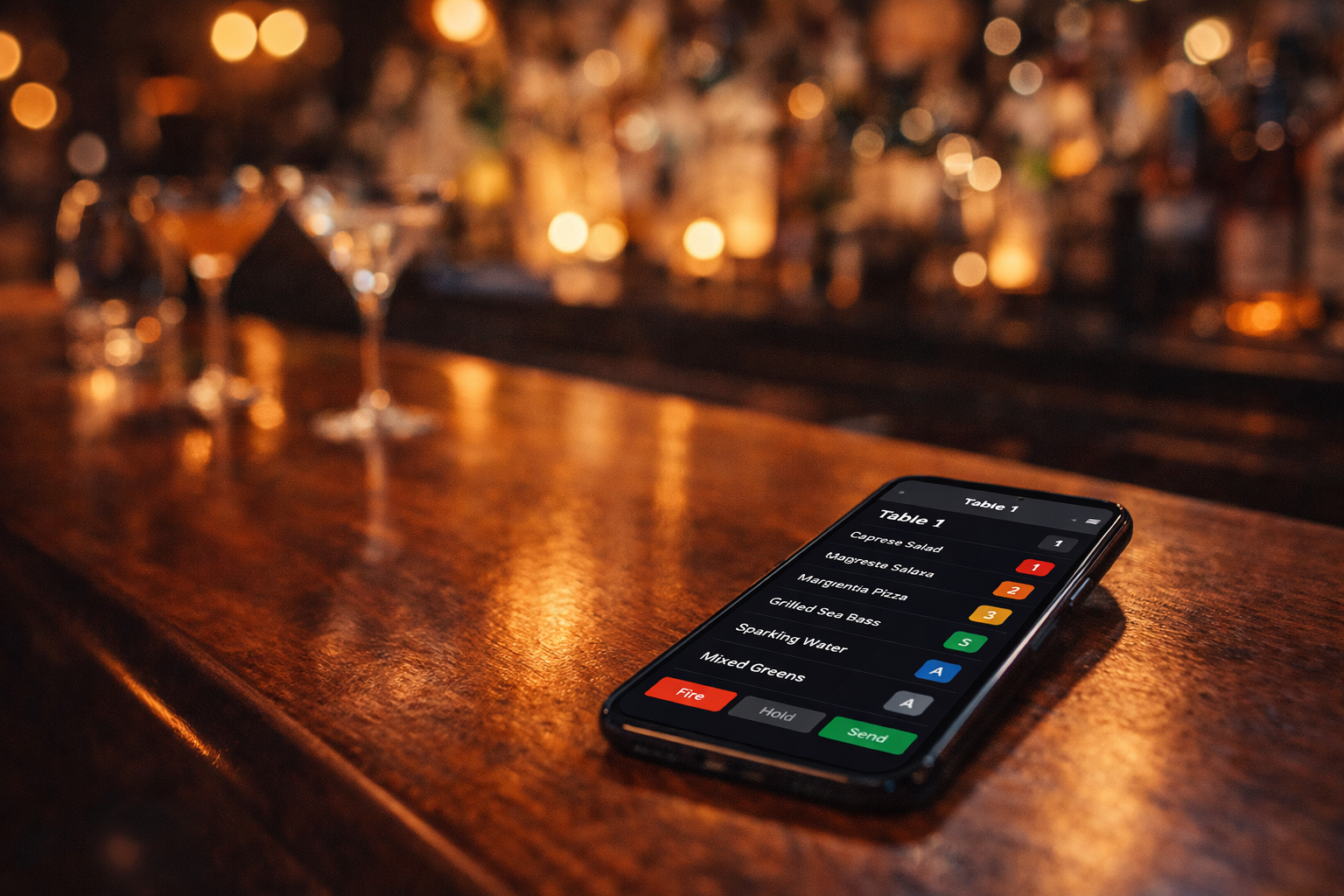 Mobile order screen at bar counter