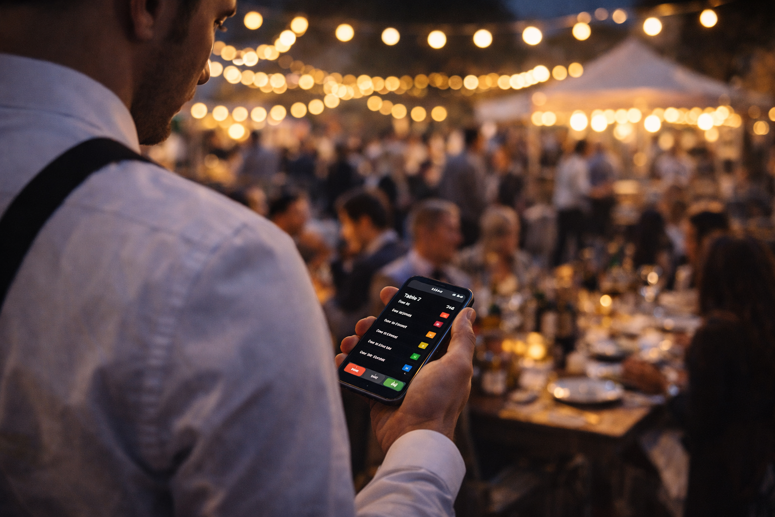 Waiter using mobile at busy outdoor event