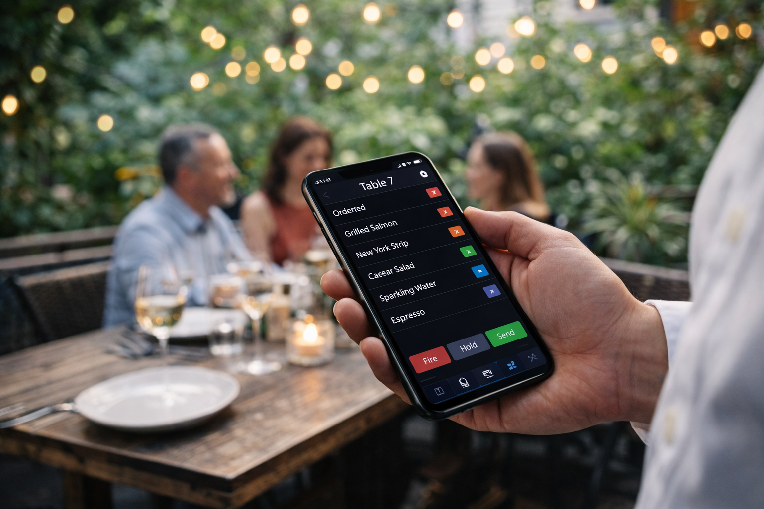 Waiter with mobile at outdoor terrace